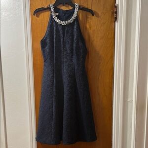 London Times Navy Midi Dress with Pearl Detail